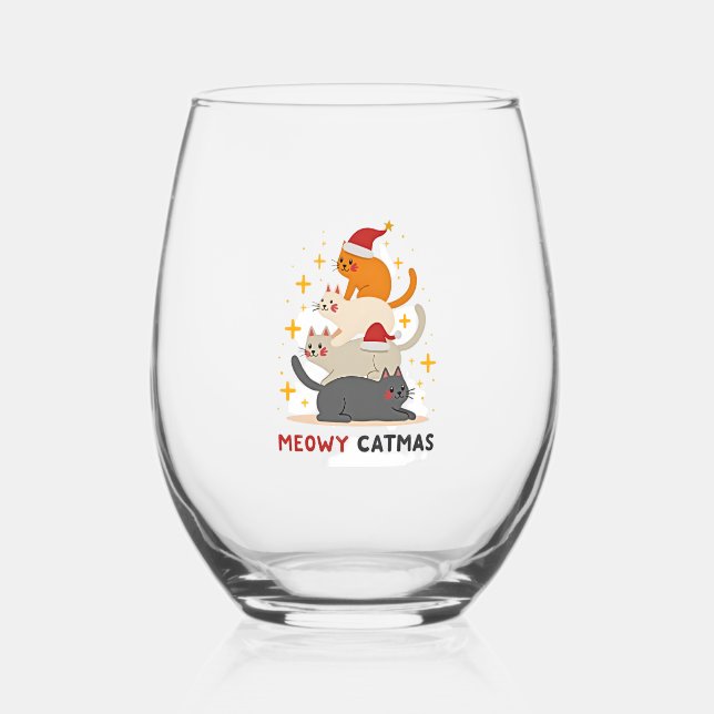 Meowy Catmas Cat Christmas Tree Xmas (2) Stemless Wine Glass (Front)