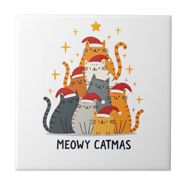 Meowy Catmas Cat Christmas Tree Xmas (4) Ceramic Tile (Front)
