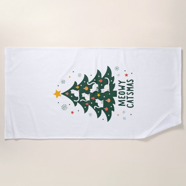 Meowy Catmas Cat Christmas Tree Xmas Funny Santa C Beach Towel (Front)