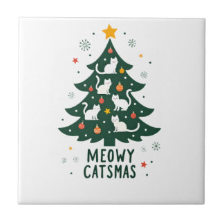 Meowy Catmas Cat Christmas Tree Xmas Funny Santa C Ceramic Tile
