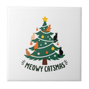 Meowy Catmas Cat Christmas Tree Xmas Funny Santa C Ceramic Tile