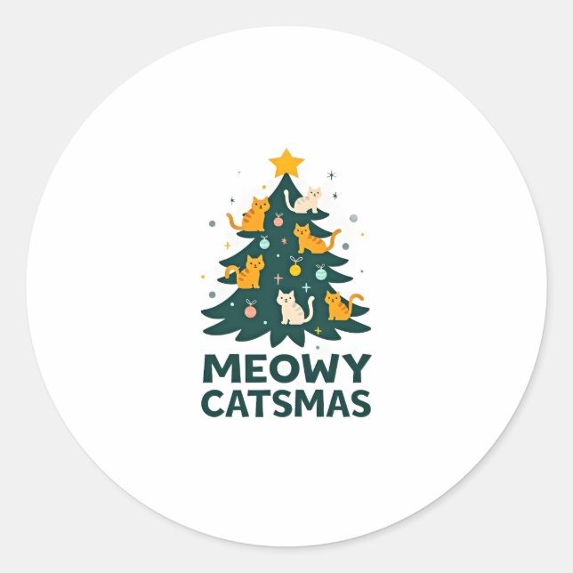 Meowy Catmas Cat Christmas Tree Xmas Funny Santa C Classic Round Sticker (Front)