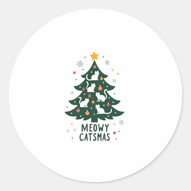 Meowy Catmas Cat Christmas Tree Xmas Funny Santa C Classic Round Sticker (Front)