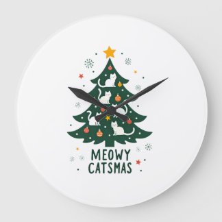 Meowy Catmas Cat Christmas Tree Xmas Funny Santa C Large Clock