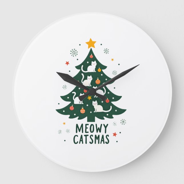 Meowy Catmas Cat Christmas Tree Xmas Funny Santa C Large Clock (Front)
