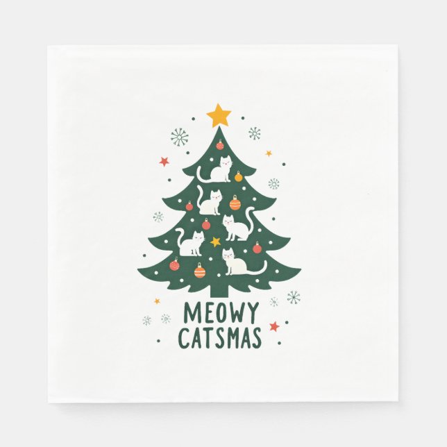Meowy Catmas Cat Christmas Tree Xmas Funny Santa C Napkin (Front)