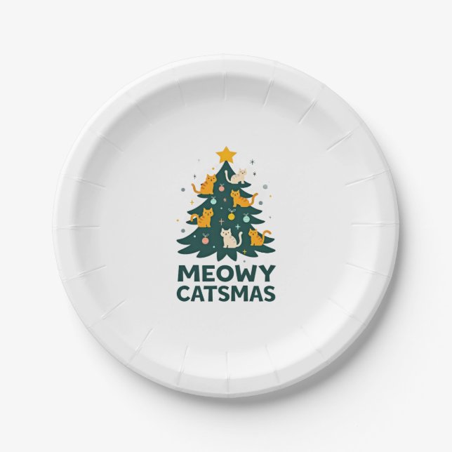 Meowy Catmas Cat Christmas Tree Xmas Funny Santa C Paper Plate (Front)