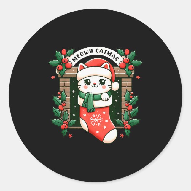Meowy Catmas Cat Christmas Tree Xmas Girls Boys Fu Classic Round Sticker (Front)