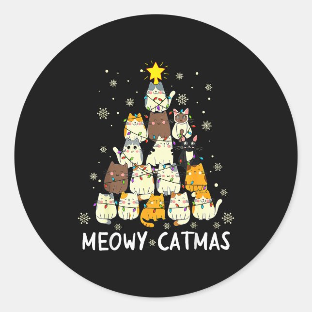 Meowy Catmas Cat Christmas Tree Xmas Girls Boys Fu Classic Round Sticker (Front)