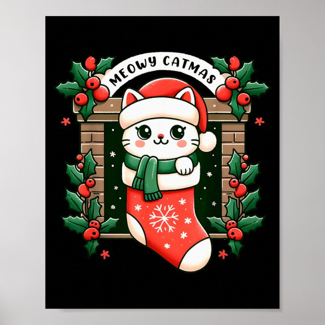 Meowy Catmas Cat Christmas Tree Xmas Girls Boys Fu Poster (Front)