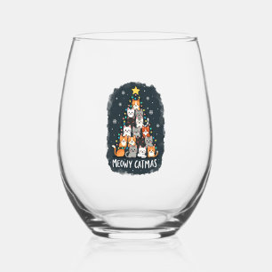 Meowy Catmas Cat Christmas Tree Xmas Girls Boys Fu Stemless Wine Glass