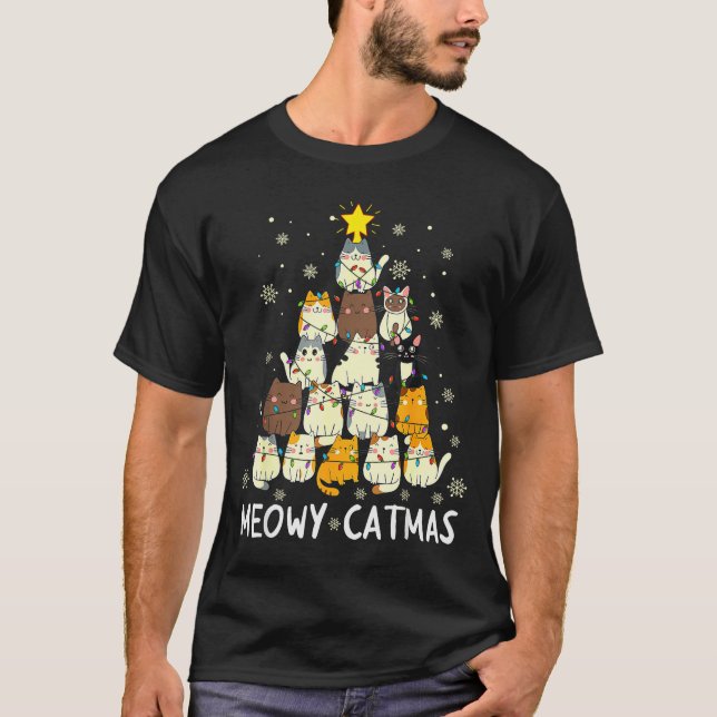 Meowy Catmas Cat Christmas Tree Xmas Girls Boys Fu T-Shirt (Front)