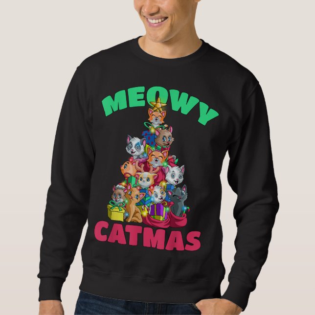 Meowy Catmas Cat Christmas Tree Xmas Girls Boys Ki Sweatshirt (Front)