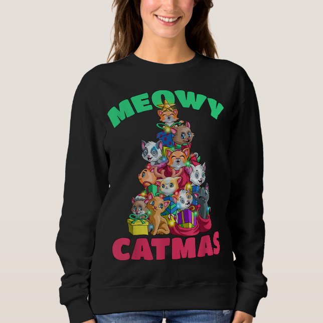 Meowy Catmas Cat Christmas Tree Xmas Girls Boys Ki Sweatshirt (Front)