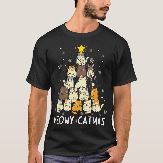 Meowy Catmas Cat Christmas Tree Xmas Girls Boys T-Shirt (Front)
