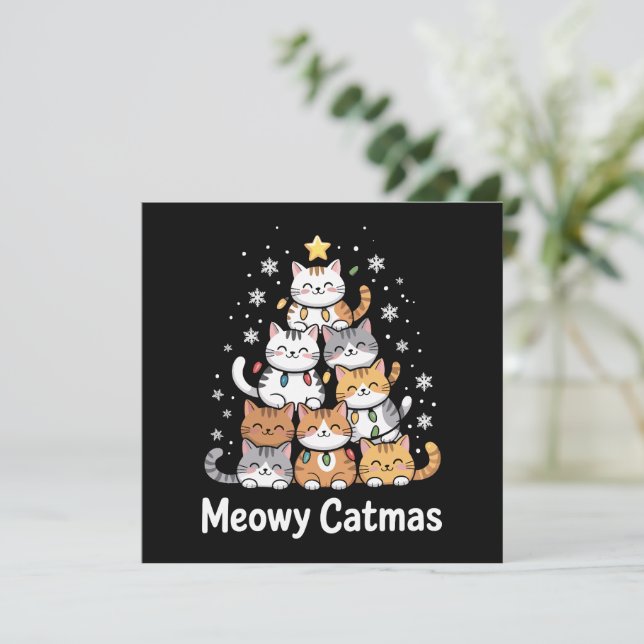 Meowy Catmas Cat Christmas Tree Xmas Santa  Holiday Card (Standing Front)