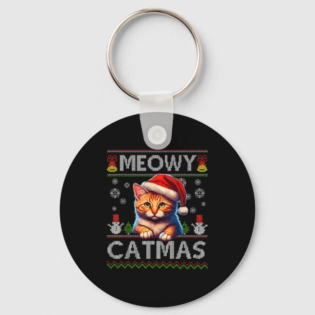 Meowy Catmas Cat Santa Christmas Kitten Xmas Ugly  Key Ring (Front)