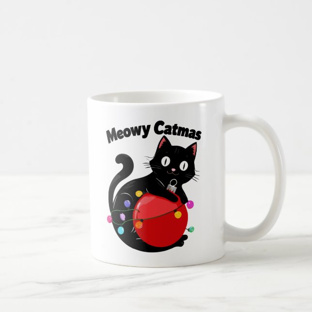 Meowy Catmas - Cat with Christmas ornament Coffee Mug (Right)