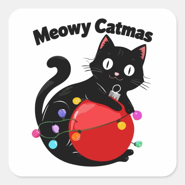 Meowy Catmas - Cat with Christmas ornament Square Sticker (Front)