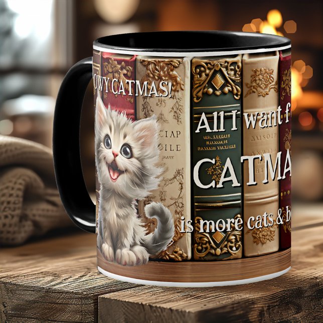 Meowy Catmas Cats and Books Christmas Coffee Mug (Funny Christmas mug featuring an illustration with kittens and books - crazy cat lady gift)