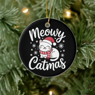 Meowy Catmas Christmas Cat Santa Hat Scarf Xmas Ceramic Ornament