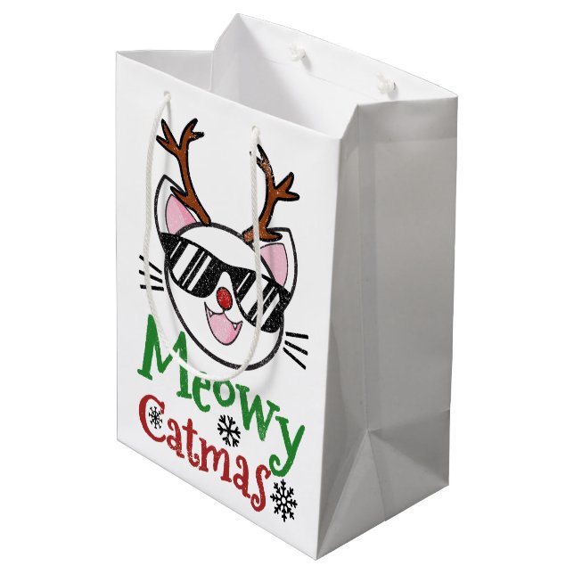 Meowy Catmas Christmas Kitty Cat Red Nose Reindeer Medium Gift Bag (Back Angled)