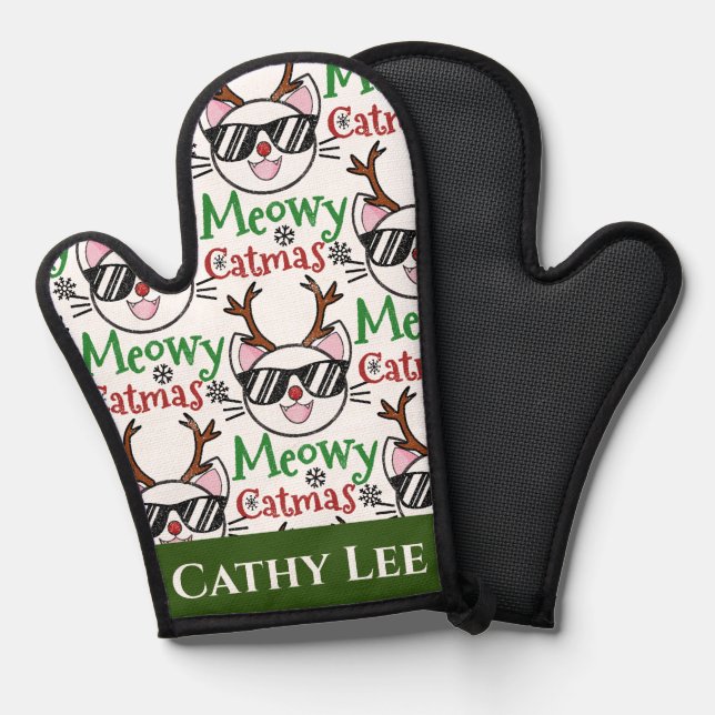 Meowy Catmas Christmas Kitty Cat Red Nose Reindeer Oven Mitt (Front/Back)