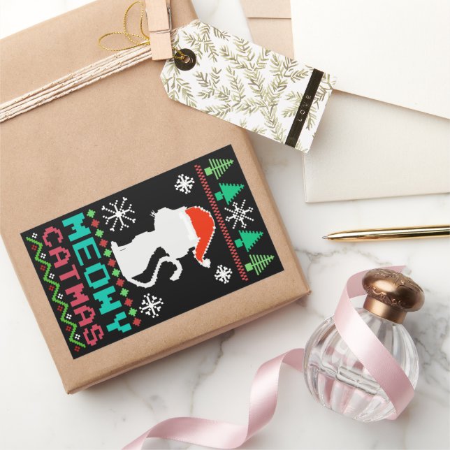 Meowy Catmas Christmas Santa Cat Ugly Sweater Rectangular Sticker (Gifting)