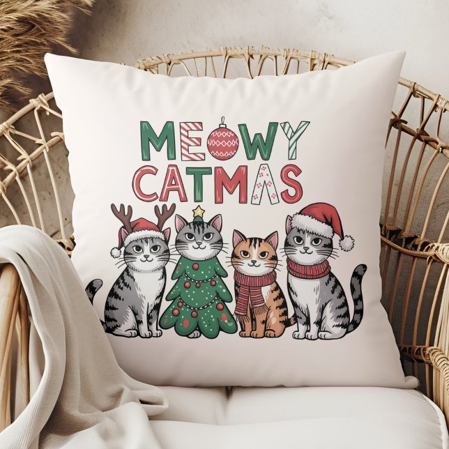 Meowy Catmas Cute Christmas Cats - Holiday Decor Cushion (Meowy Catmas Cute Christmas Cats - Holiday Decor Throw Pillow in a boho rattan armchair.)