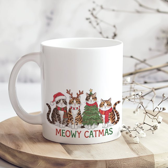 Meowy Catmas Funny Christmas Cats Holiday Gift Coffee Mug (Meowy Catmas Funny Christmas Cats Holiday Gift Coffee Mug on a boho kitchen table.)