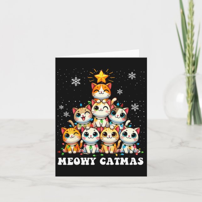 Meowy Catmas Funny Christmas Tree Lights Cute Cat  Card (Front)