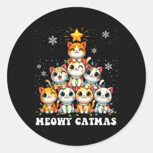 Meowy Catmas Funny Christmas Tree Lights Cute Cat Classic Round Sticker
