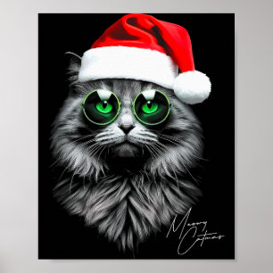 Meowy Catmas Funny Cool Xmas Cat Santa Hat Graphic Poster