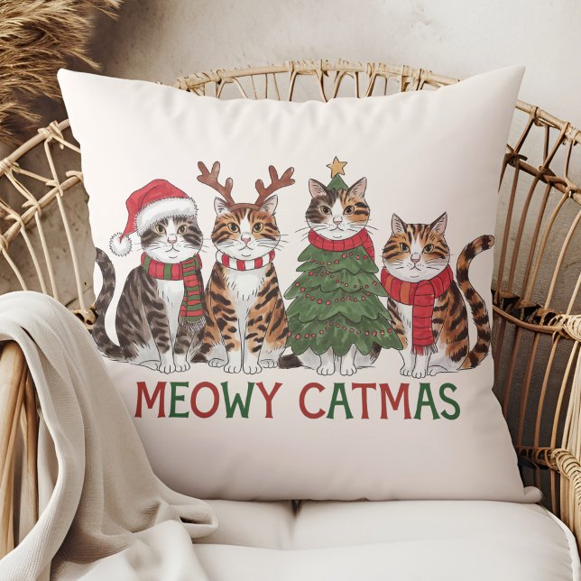 Meowy Catmas Funny Holiday Cats - Christmas Decor  Cushion (Meowy Catmas Funny Holiday Cats - Christmas Decor Throw Pillow in a boho rattan armchair.)
