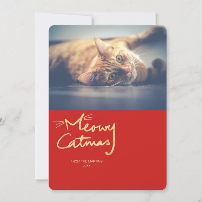 Meowy Catmas Gold Funny Cat Christmas Photo Card (Front)