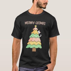 Meowy Catmas Kitty Peeking From Behind Pastel Chri T-Shirt