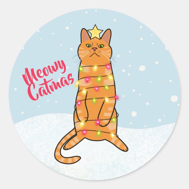 Meowy catmas pun funny cat Christmas lights flat Classic Round Sticker (Front)