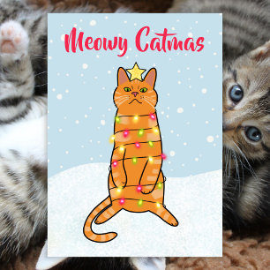Meowy catmas pun funny cat Christmas lights flat Holiday Card