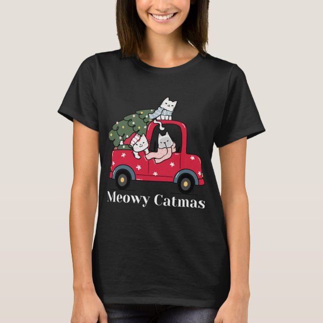 Meowy Catmas Red Truck Cat Christmas Pajama T-Shirt (Front)