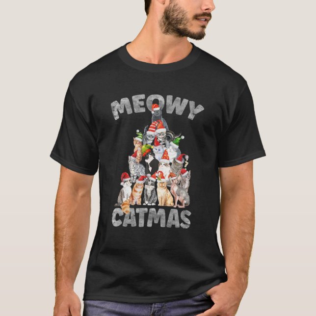 Meowy Catmas Santa Cat Christmas Tree Xmas Girls B T-Shirt (Front)