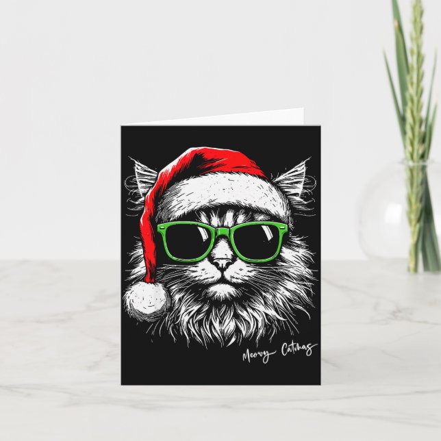 Meowy Catmas Santa Hat Cute Cat Christmas Pajamas  Card (Front)
