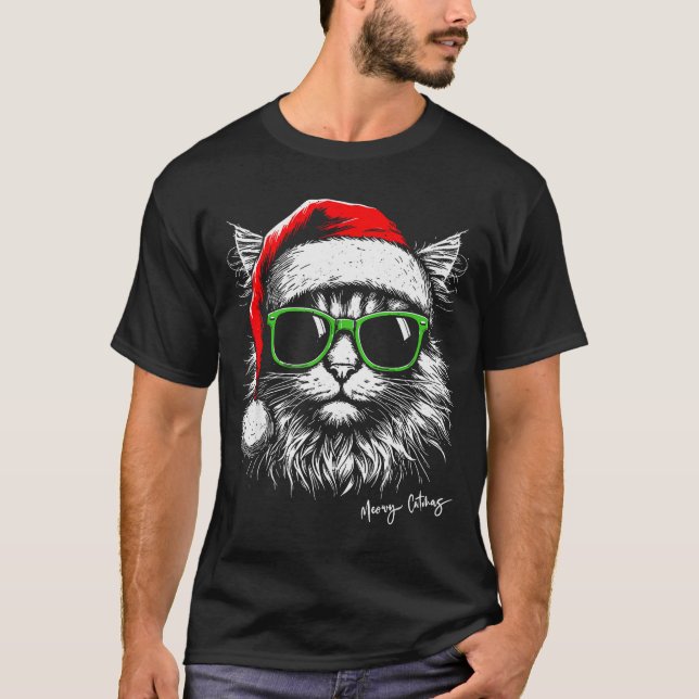 Meowy Catmas Santa Hat Cute Cat Christmas Pajamas  T-Shirt (Front)