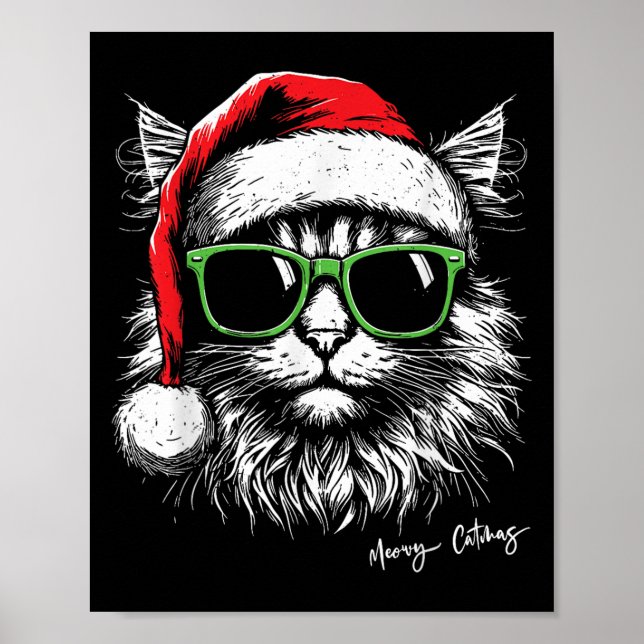 Meowy Catmas Santa Hat Cute Cat Christmas Pyjamas  Poster (Front)