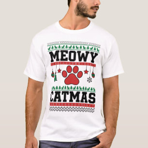 Meowy Catmas Ugly Christmas Cat Paw Design T-Shirt