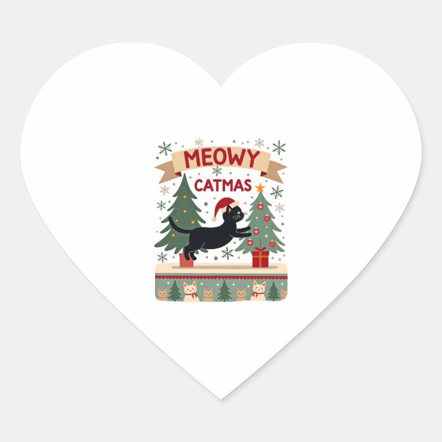 Meowy Catmas, Ugly Christmas Sweater, Cat Christma Heart Sticker (Front)