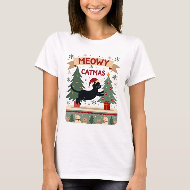 Meowy Catmas, Ugly Christmas Sweater, Cat Christma T-Shirt (Front)