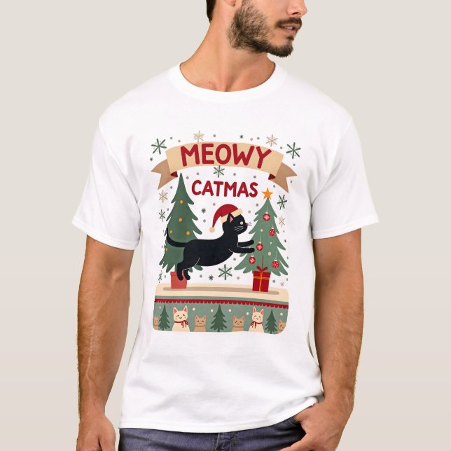 Meowy Catmas, Ugly Christmas Sweater, Cat Christma T-Shirt (Front)