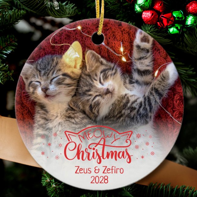 Meowy Christmas 2 photos fun cat lover Ceramic Ornament (Creator Uploaded)