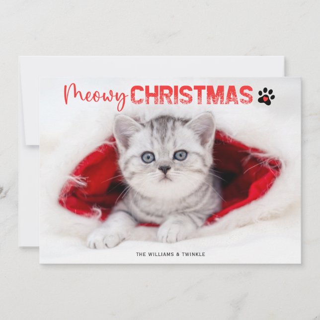 Meowy Christmas 3 Photo Cat Lover Pet Paw Print Ho Holiday Card (Front)
