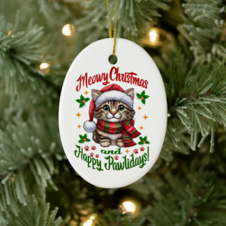 Meowy Christmas And Happy Pawlidays Greetings Ceramic Ornament